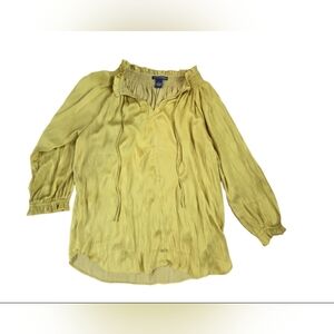 Chelsea & Theodore Chartreuse Mock Neck Ruched Blouse Size S EUC